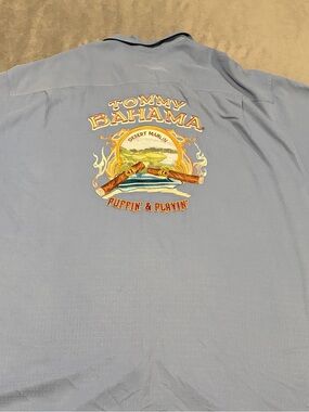 Tommy Bahama Shirt Mens XXL Blue Silk Puffin & Playin Desert Marlin Cigar